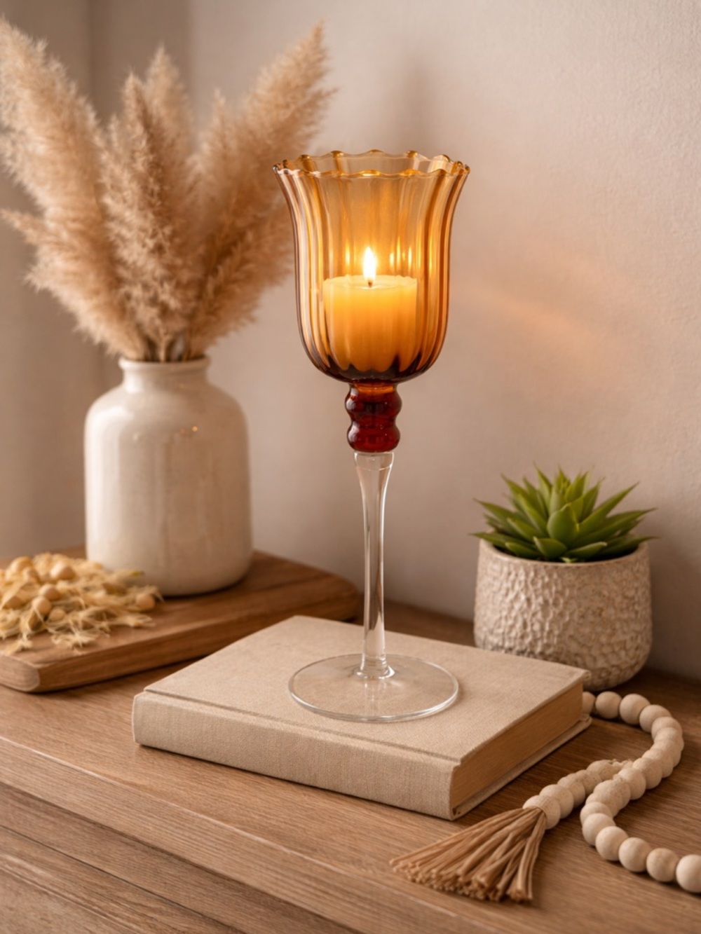Amber Glass Tulip Candle Holder with Clear Stem